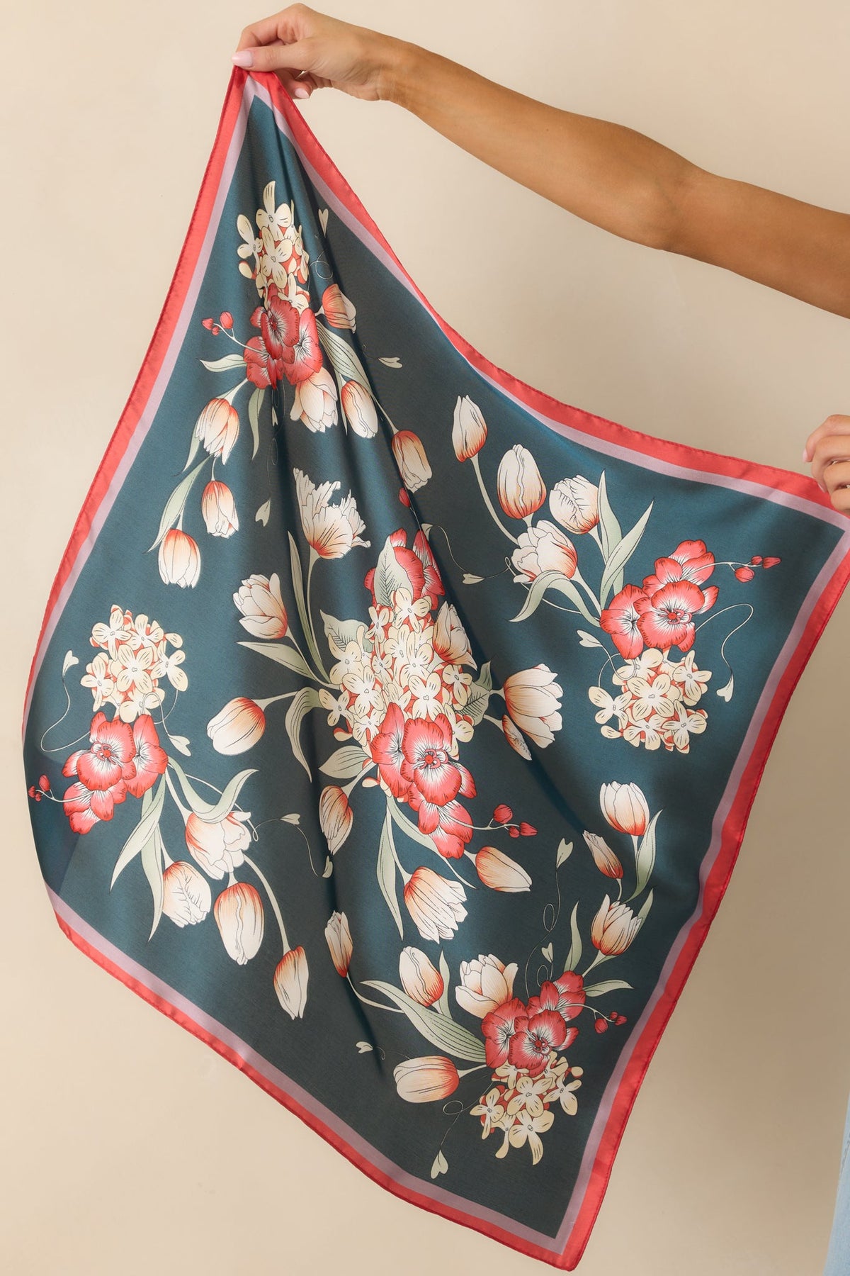 Traditional Living On Navy Multi Floral Print Satin Scarf