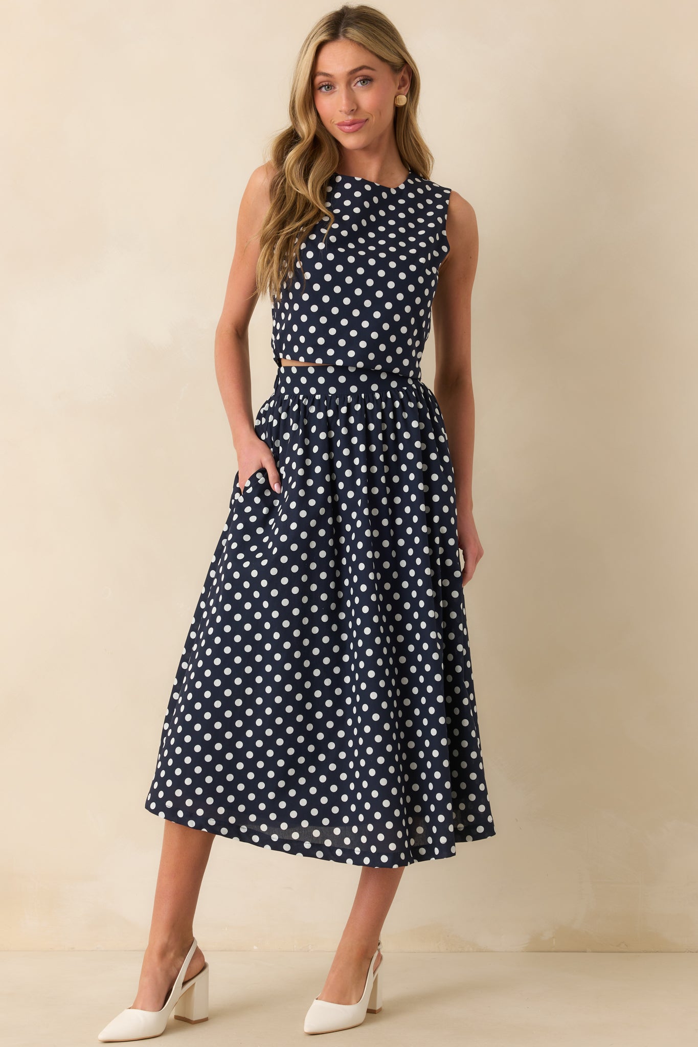Prosperina Ellie Navy Polka Dot Cotton Tank Top