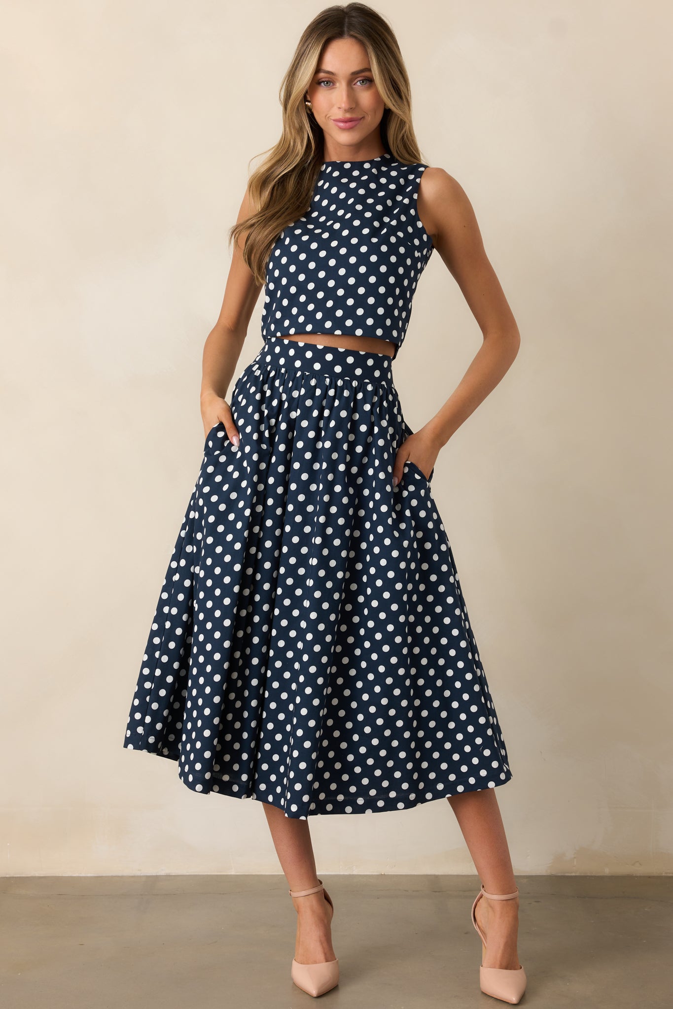 Prosperina Erica Navy Polka Dot Cotton Midi Skirt