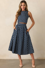 Prosperina Erica Navy Polka Dot Cotton Midi Skirt