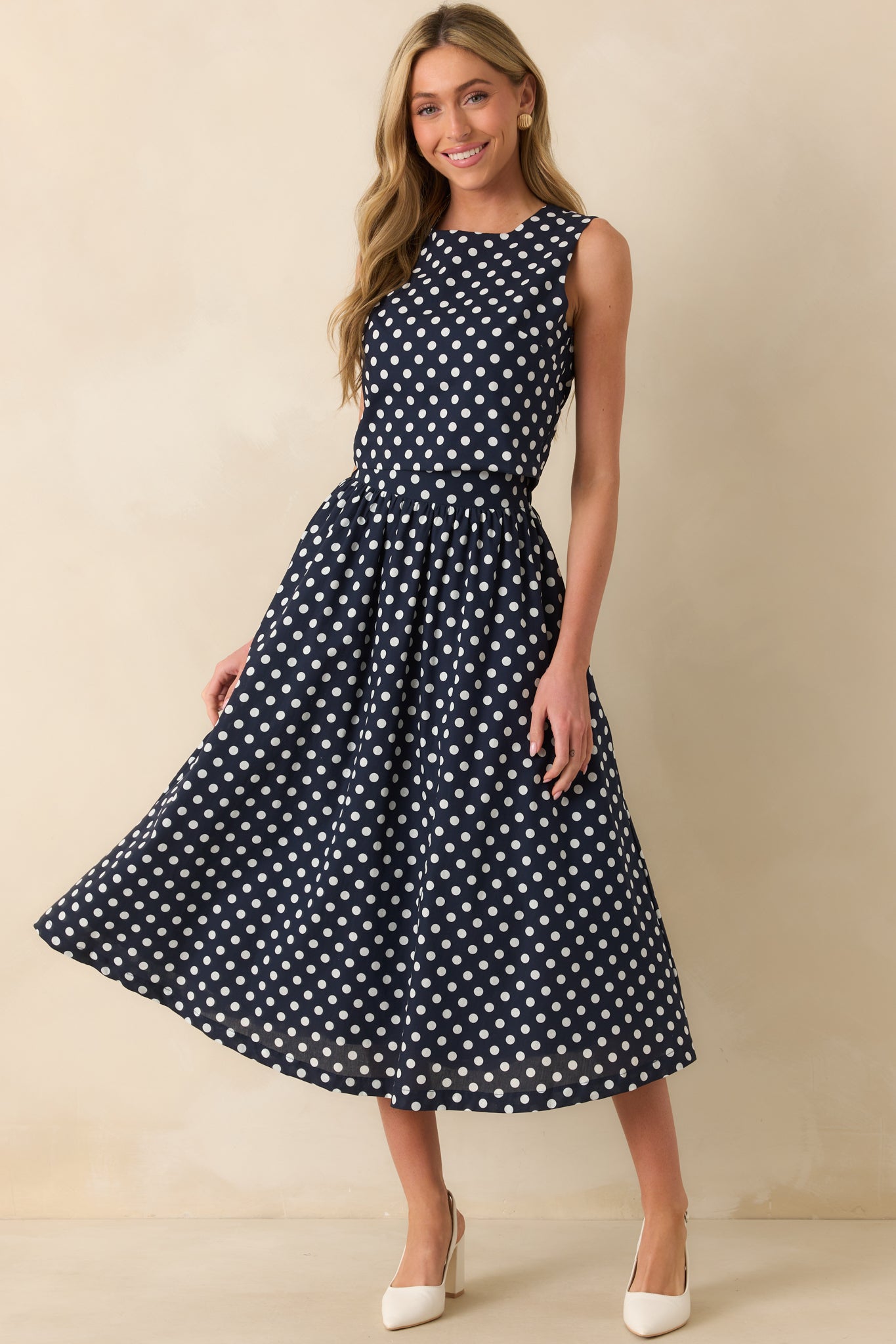 Prosperina Erica Navy Polka Dot Cotton Midi Skirt