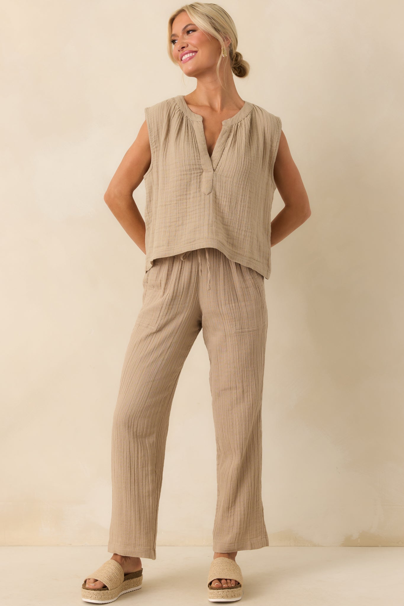Z Supply Tan Cotton Plaza Airy Gauze Ankle Pants