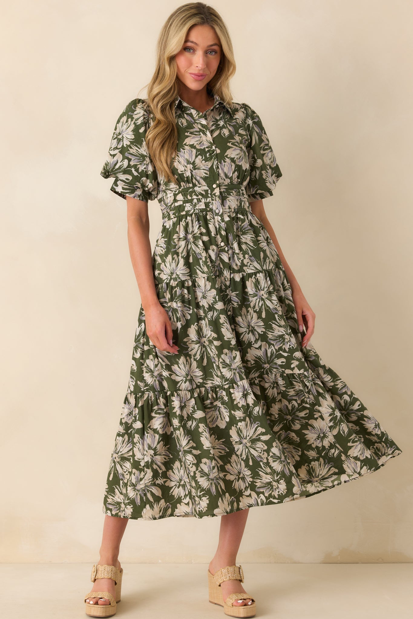 Slow Sundays Olive Green Floral Print Cotton Maxi Shirt Dress