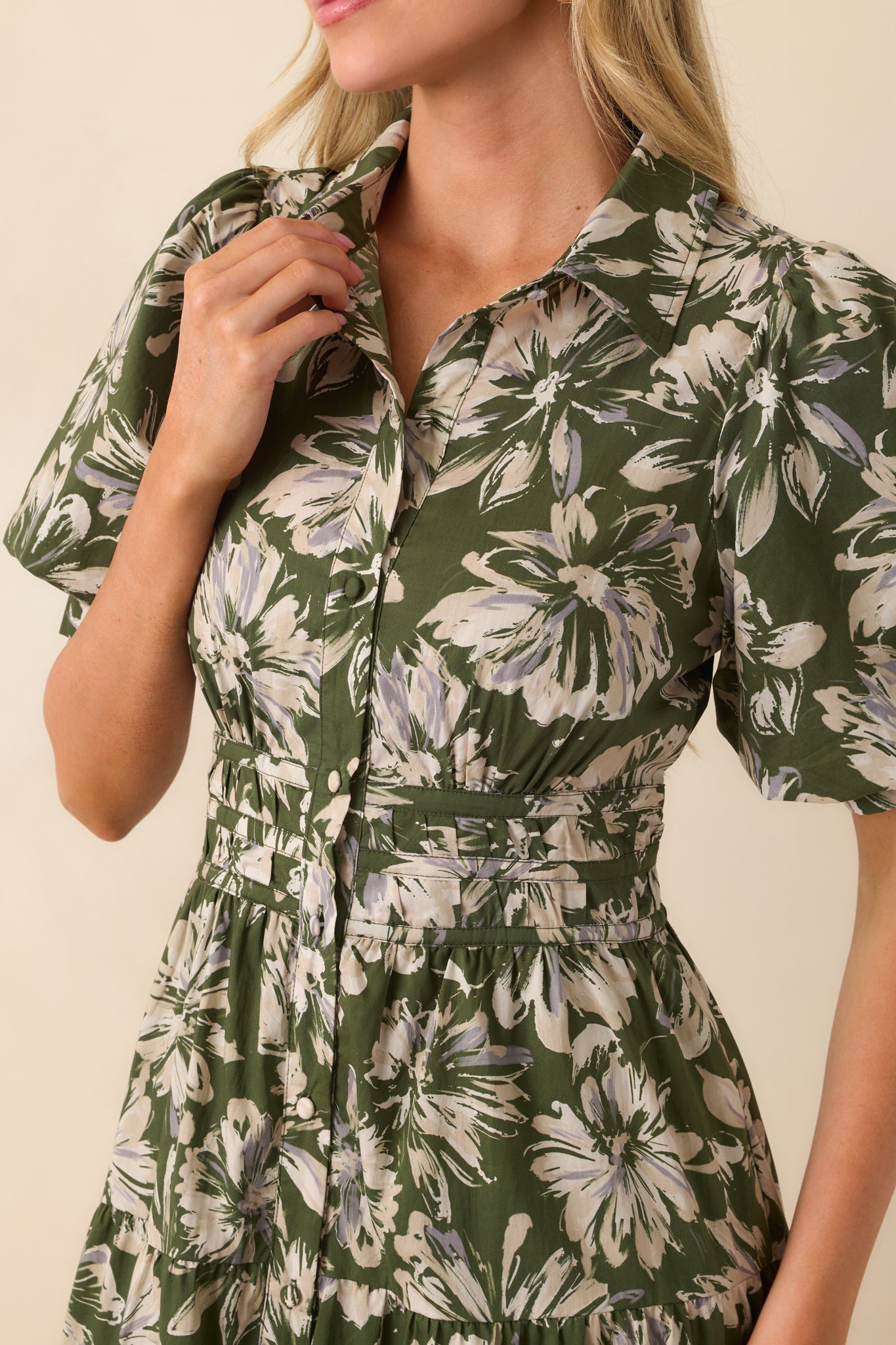 Slow Sundays Olive Green Floral Print Cotton Maxi Shirt Dress