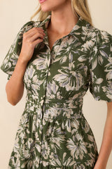 Slow Sundays Olive Green Floral Print Cotton Maxi Shirt Dress