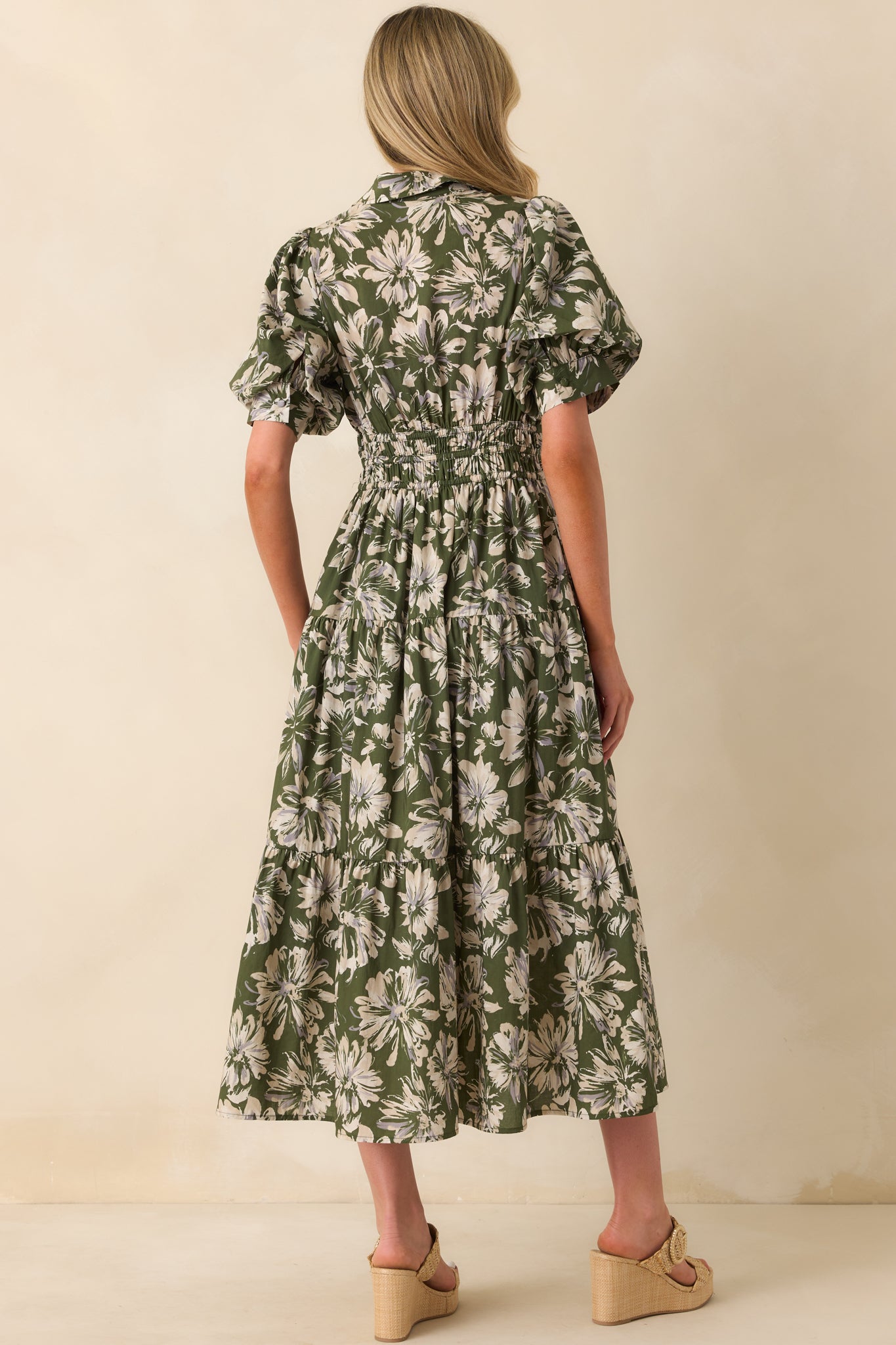 Slow Sundays Olive Green Floral Print Cotton Maxi Shirt Dress