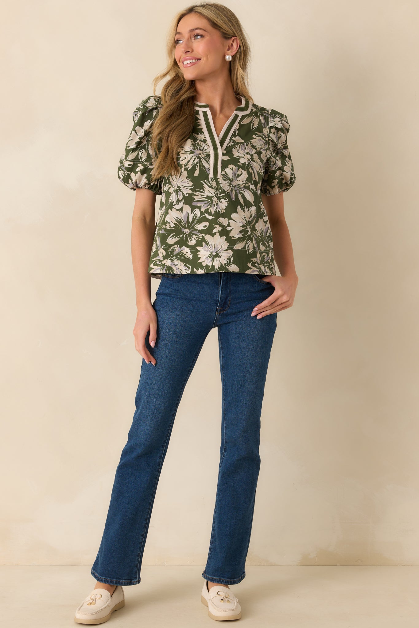 A Good Sign Olive Green Floral Print Cotton Puff Sleeve Top
