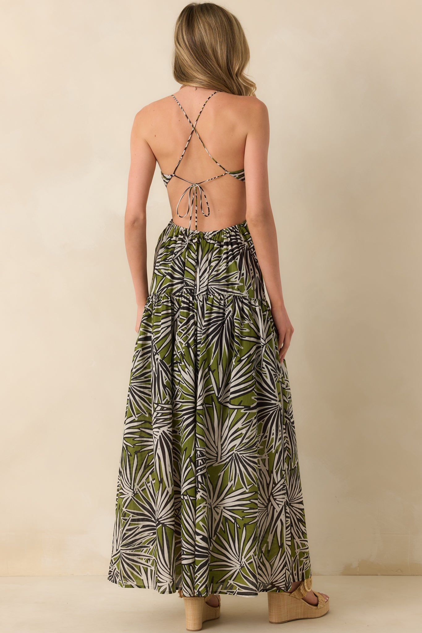 Not In A Hurry Olive Green Tropical Print Cotton Cutout Maxi Dress
