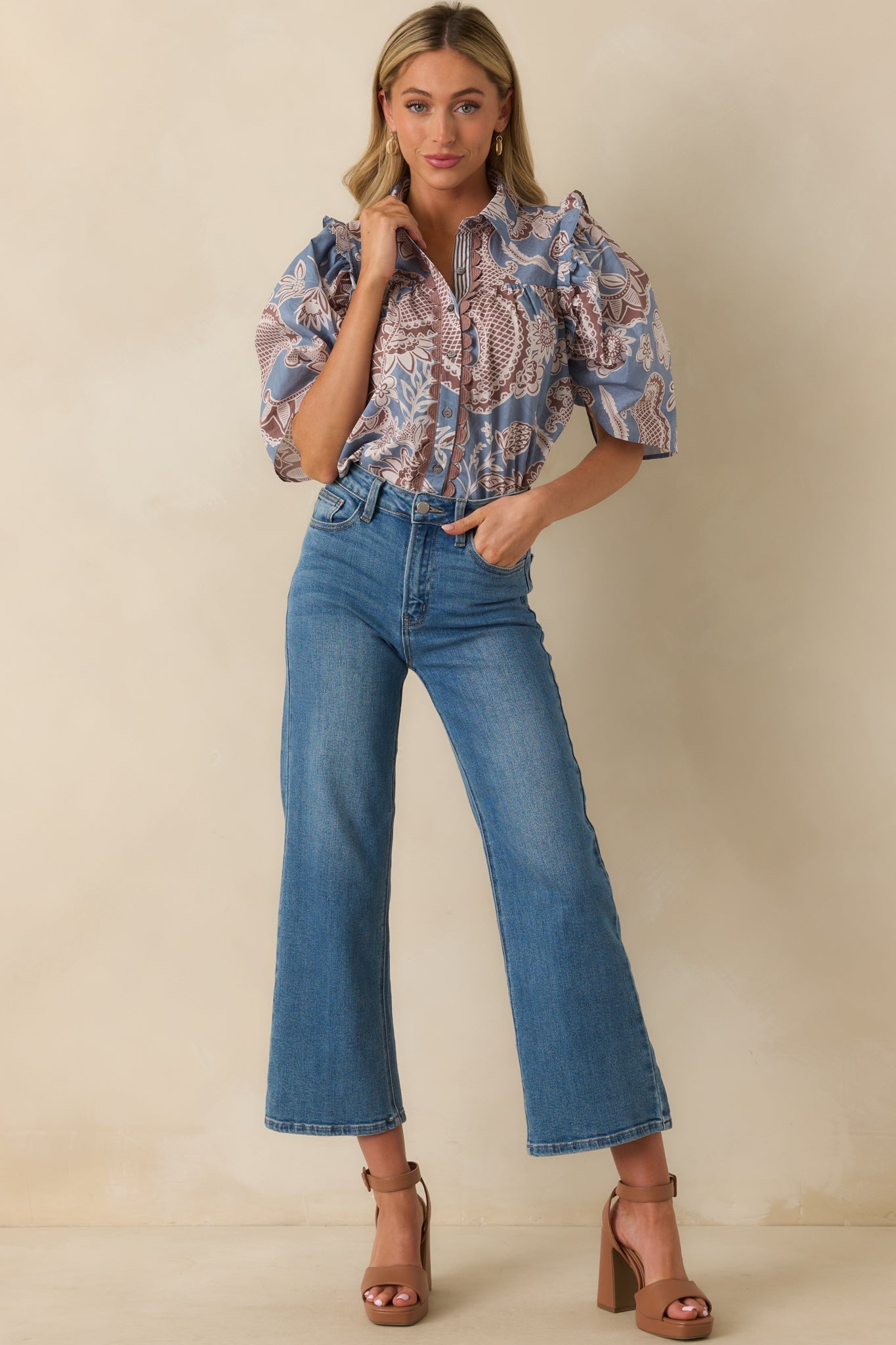 End Of Story Ash Blue Multi Paisley Floral Print Cotton Blouse