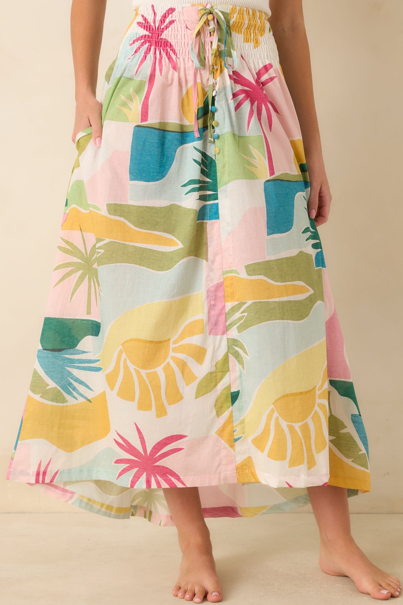 Paradisa Lucia Multi Tropical Lagoon Print Cotton Midi Skirt