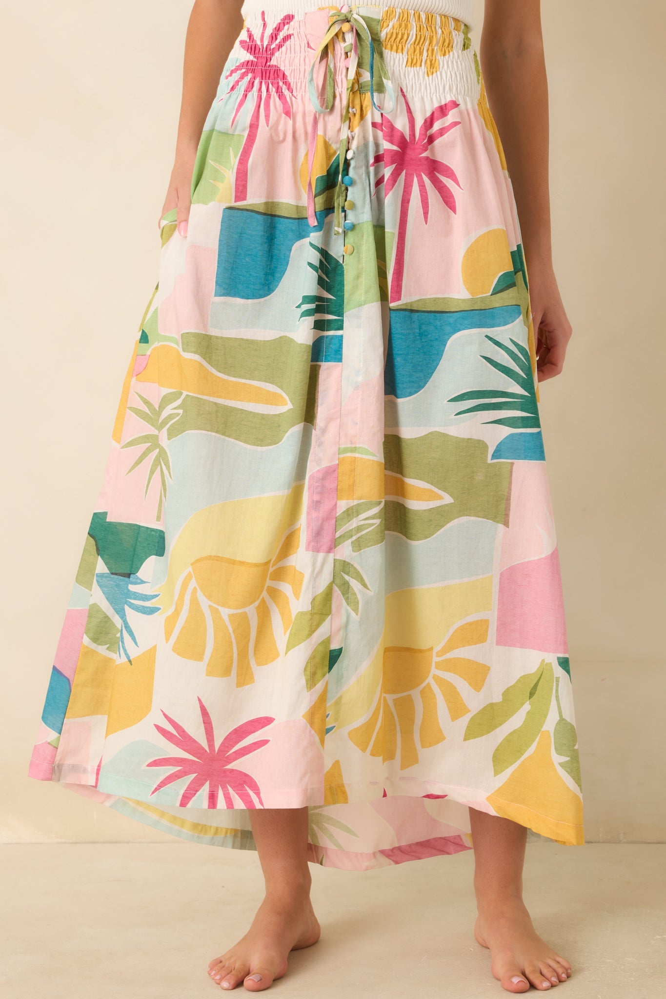 Paradisa Lucia Multi Tropical Lagoon Print Cotton Midi Skirt