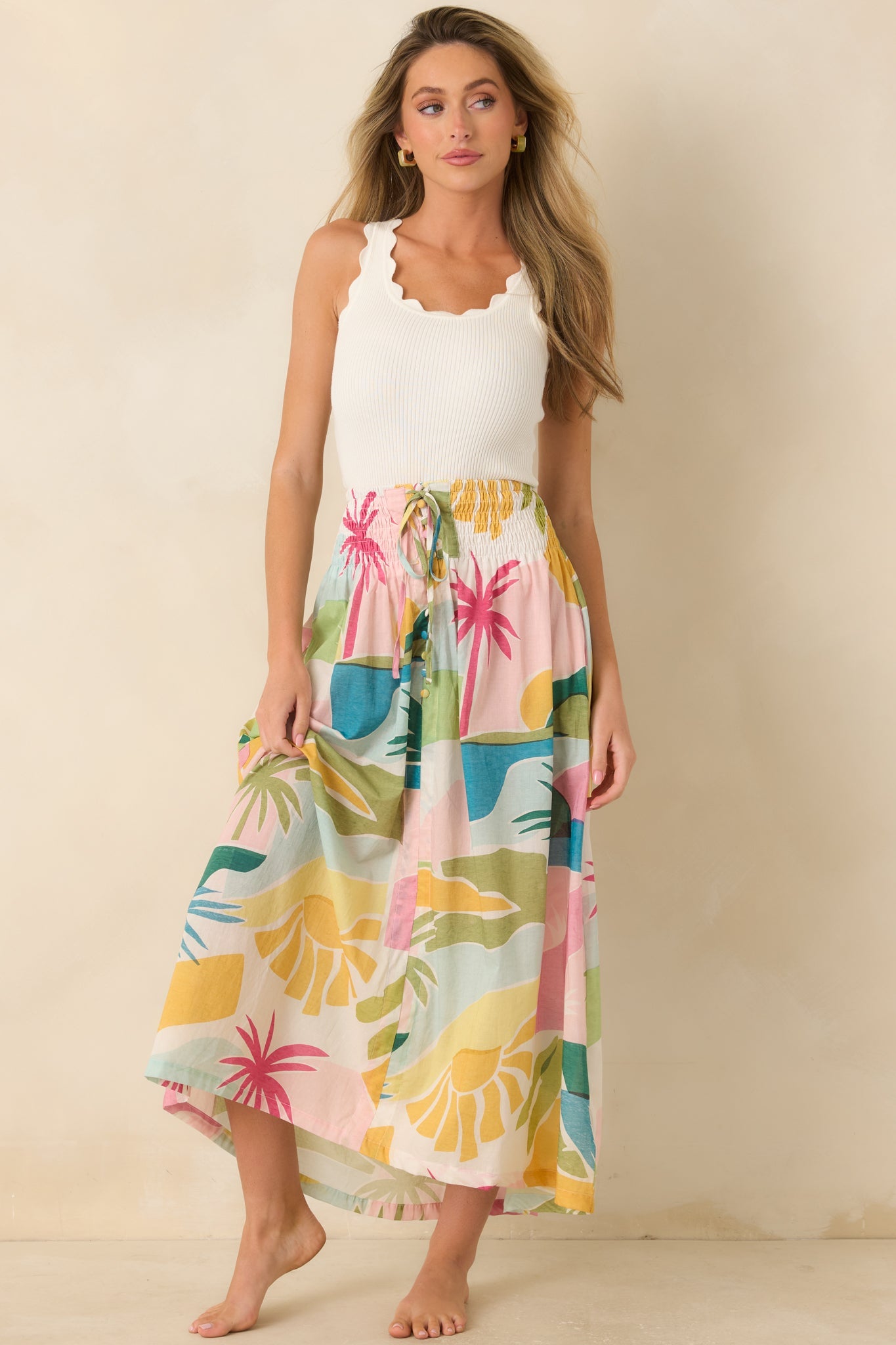 Paradisa Lucia Multi Tropical Lagoon Print Cotton Midi Skirt
