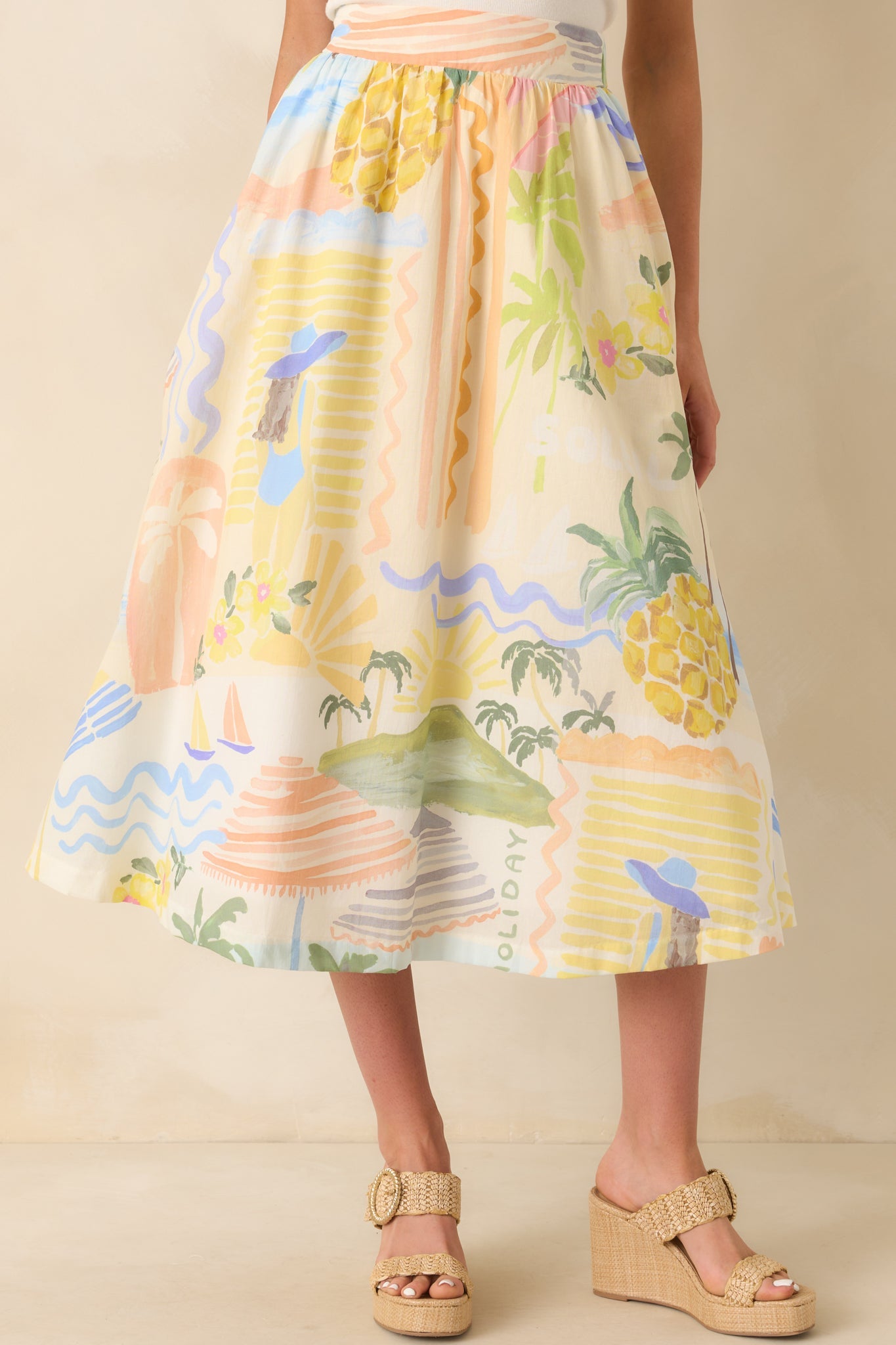Prosperina Erica Multi Tropical Print Cotton Midi Skirt