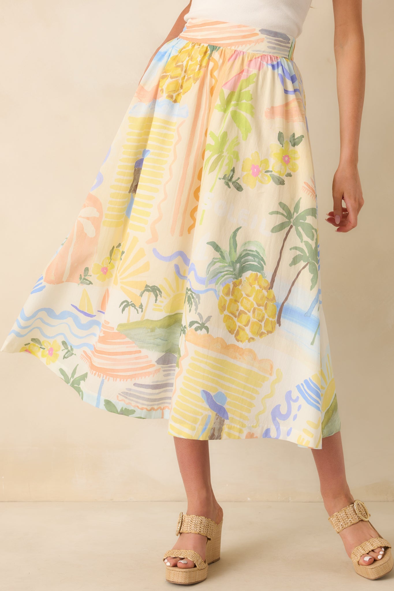Prosperina Erica Multi Tropical Print Cotton Midi Skirt