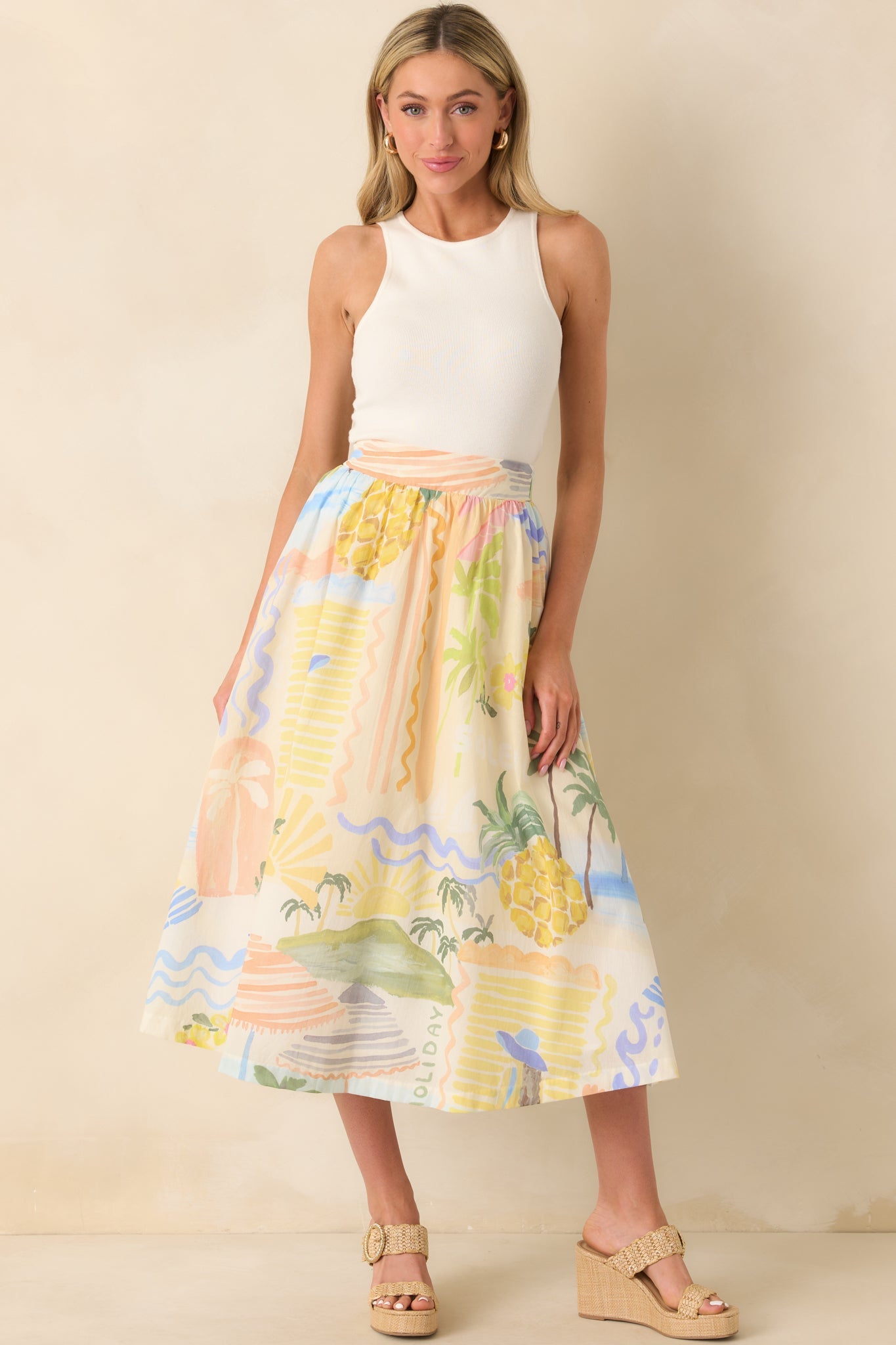 Prosperina Erica Multi Tropical Print Cotton Midi Skirt