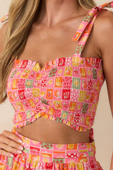 Shore Thing Pink Multi Patchwork Print Smocked Crop Top