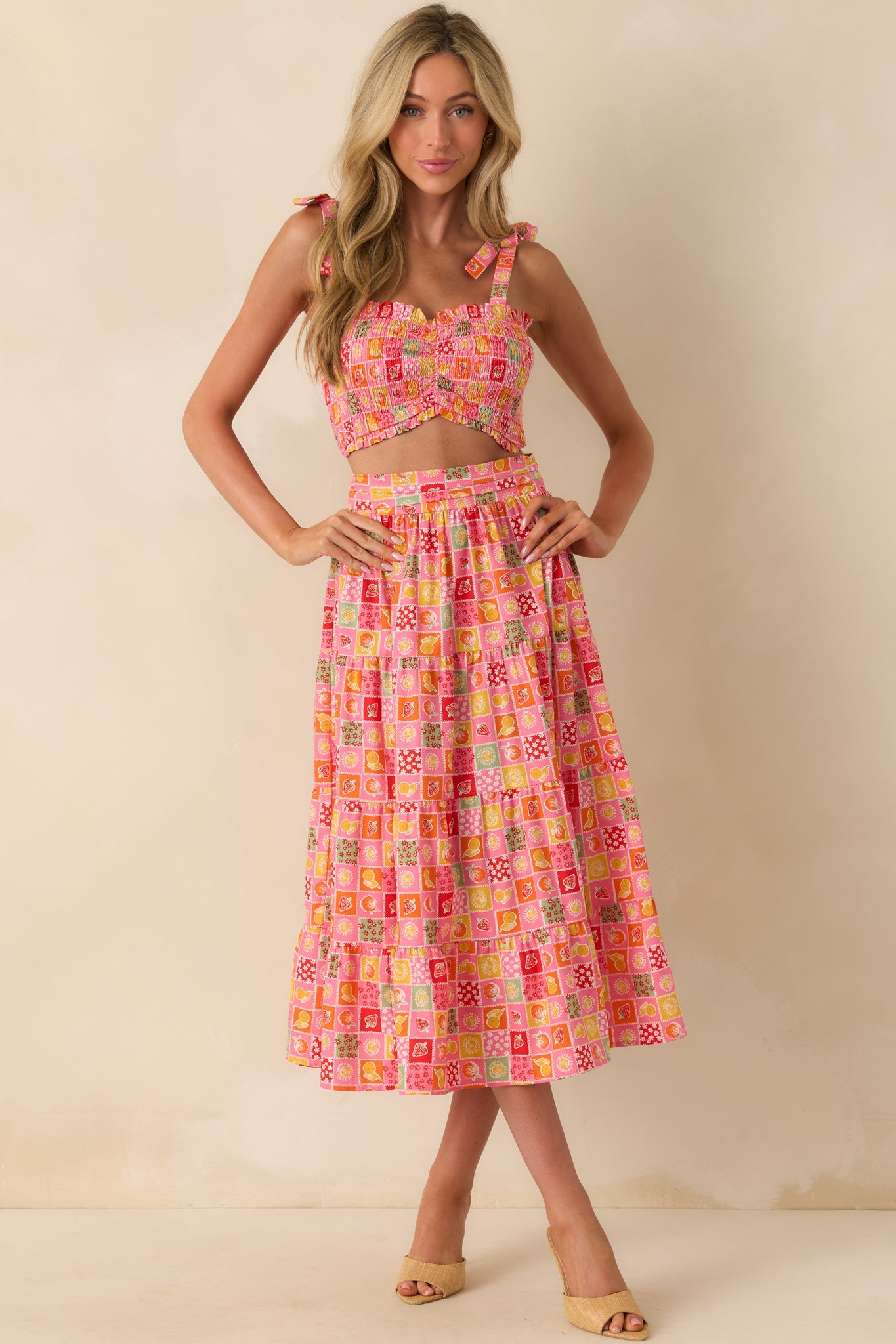 Shore Thing Pink Multi Patchwork Print Smocked Crop Top