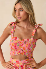Shore Thing Pink Multi Patchwork Print Smocked Crop Top