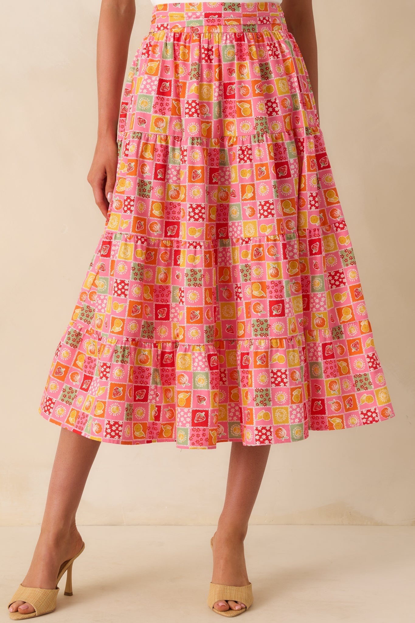 Looks Just Right Pink Multi Patchwork Print Midi Skirt