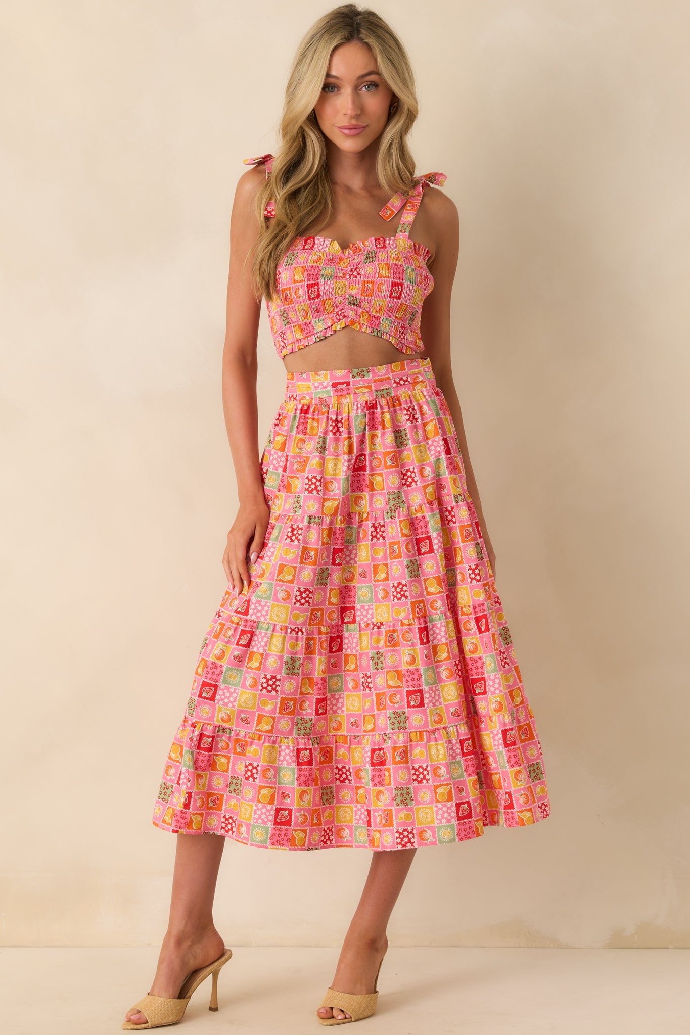 Looks Just Right Pink Multi Patchwork Print Midi Skirt
