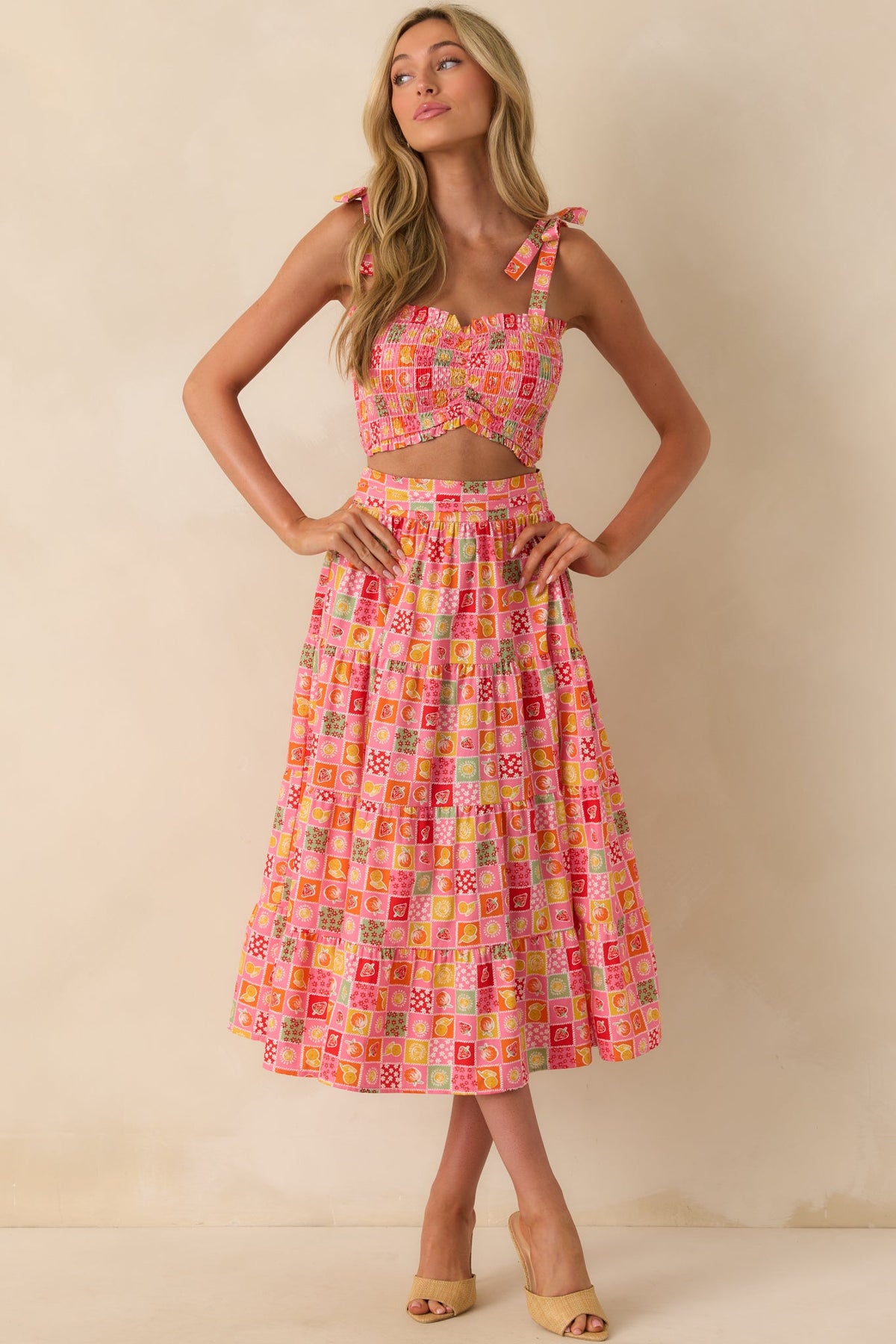 Looks Just Right Pink Multi Patchwork Print Midi Skirt