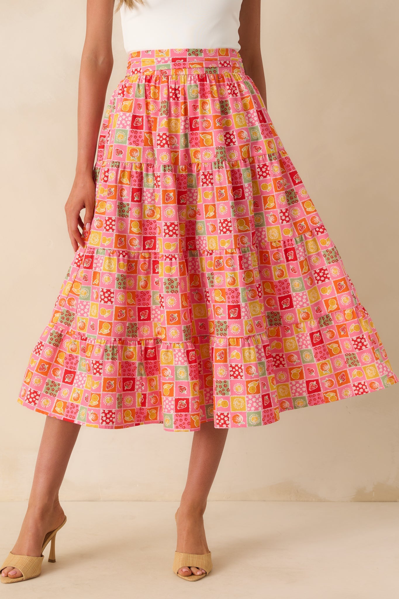 Looks Just Right Pink Multi Patchwork Print Midi Skirt