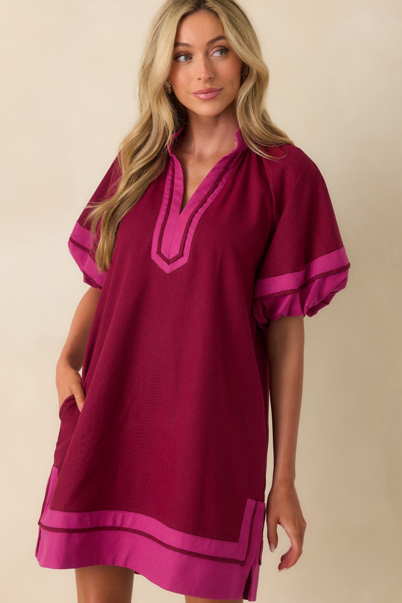 Made It Work Berry Linen Blend Short Sleeve Mini Dress