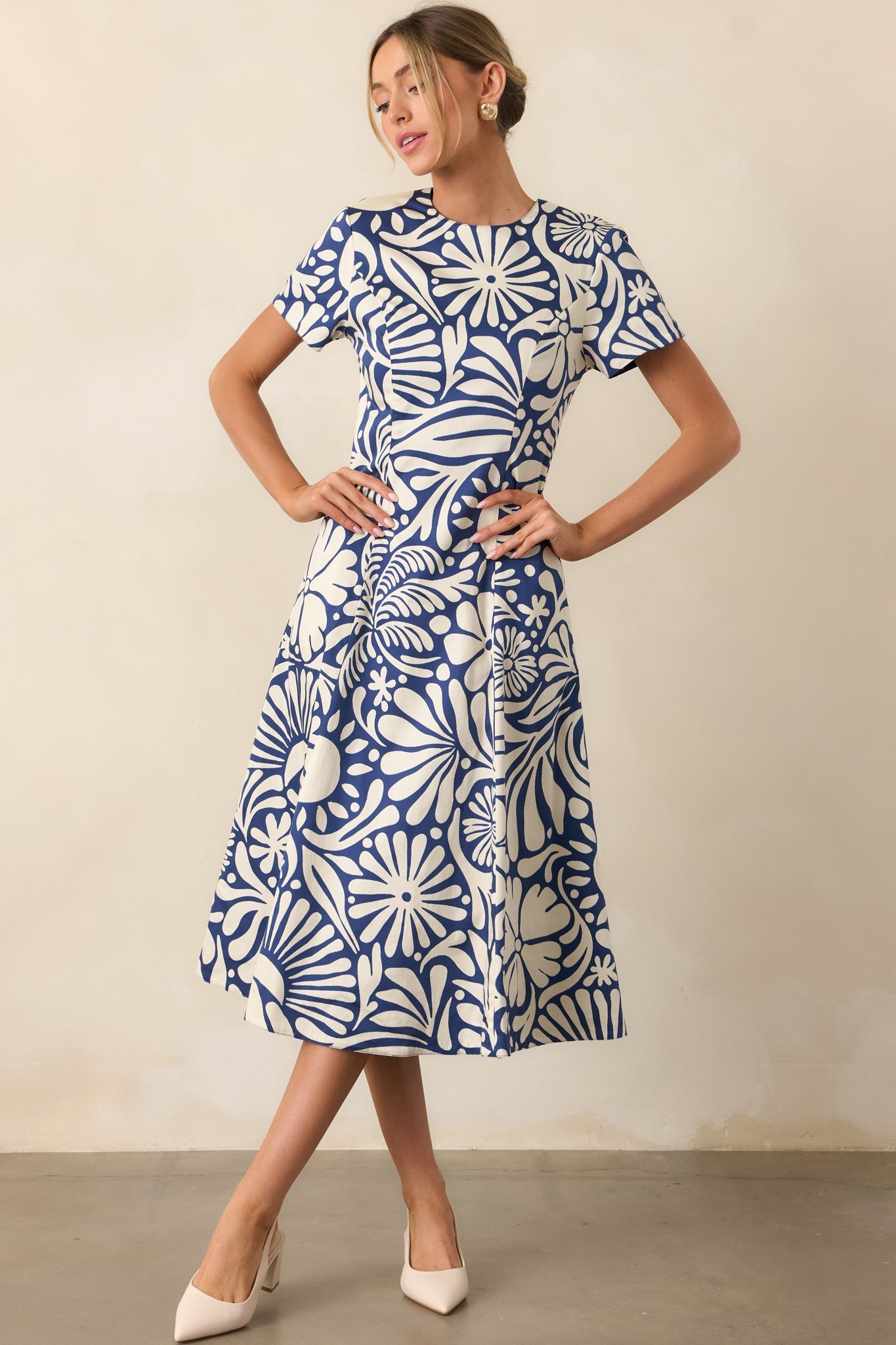 Prosperina Margot Navy Floral Print Cotton Reversible Midi Dress