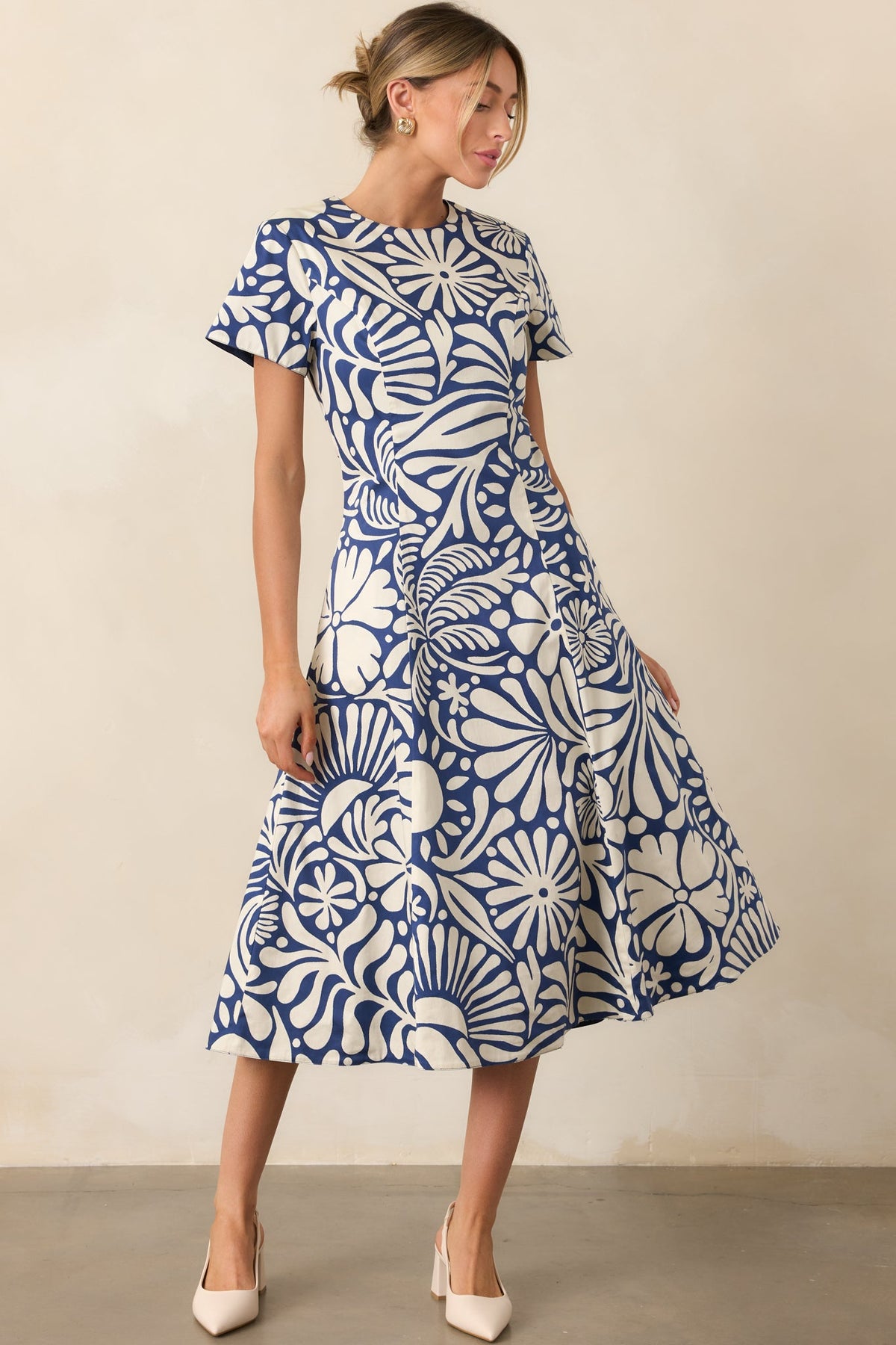 Prosperina Margot Navy Floral Print Cotton Reversible Midi Dress