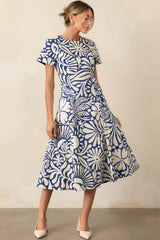 Prosperina Margot Navy Floral Print Cotton Reversible Midi Dress