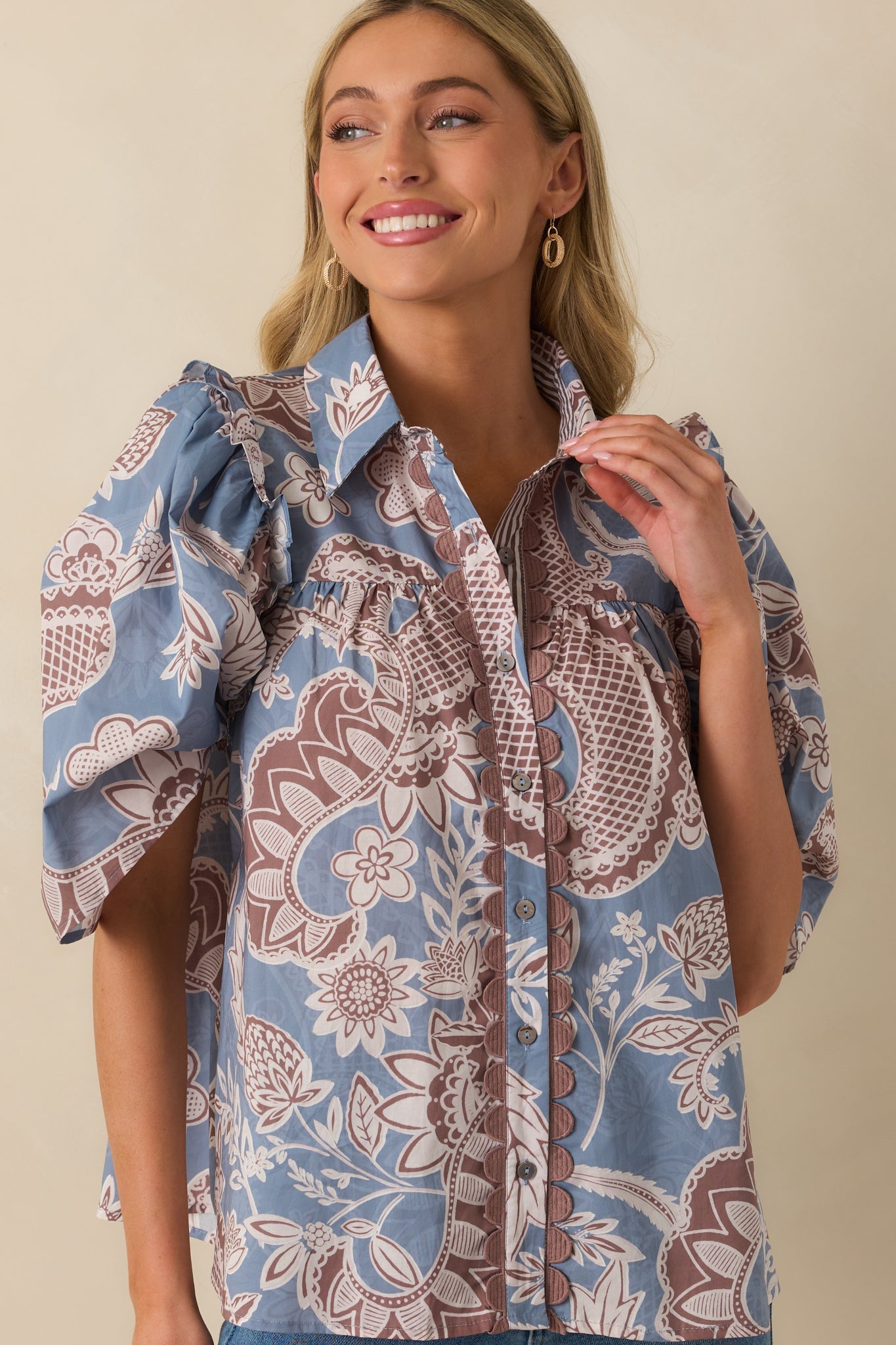 End Of Story Ash Blue Multi Paisley Floral Print Cotton Blouse