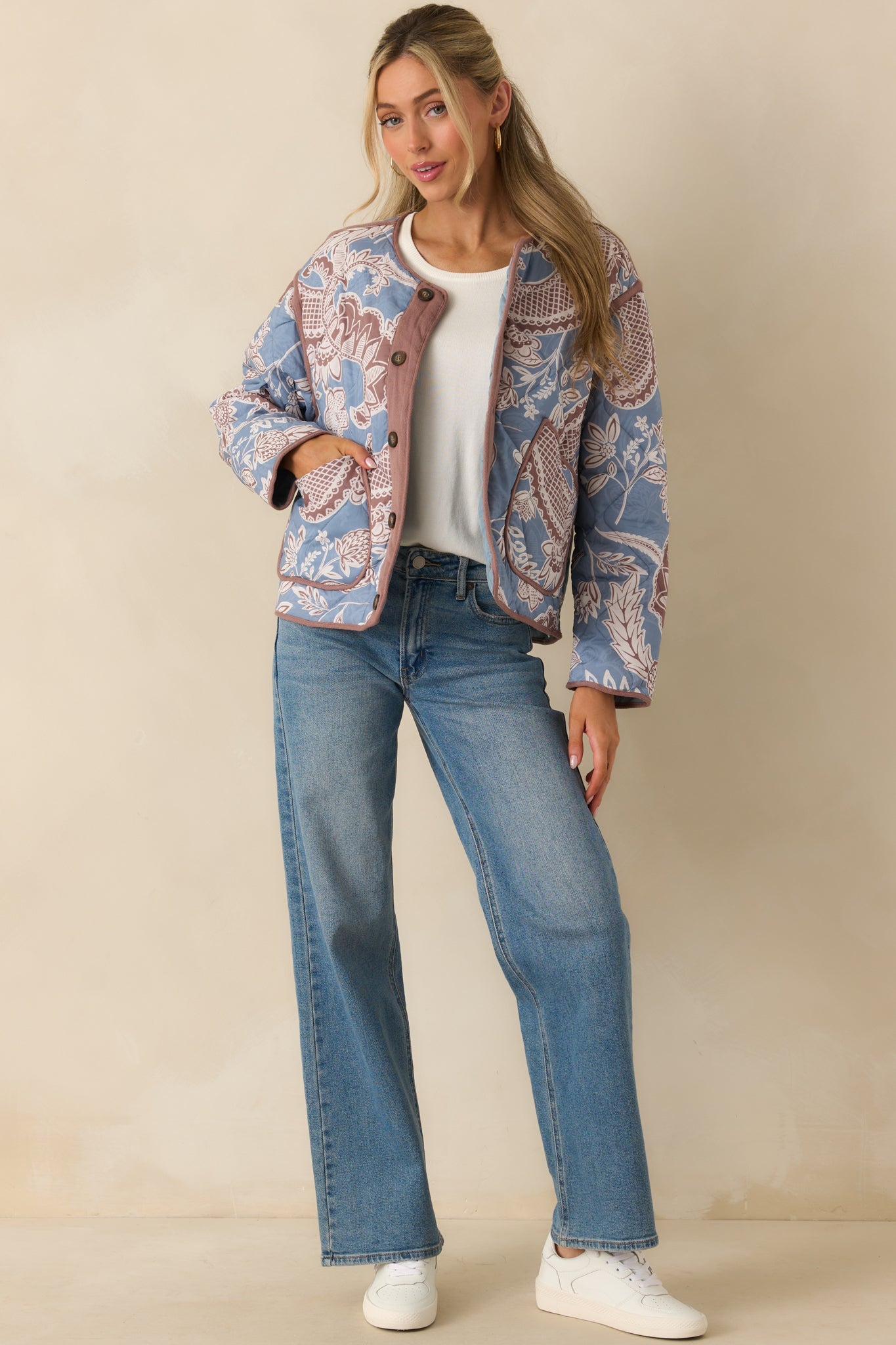 Got It Covered Ash Blue Multi Paisley Floral Print Cotton Jacket