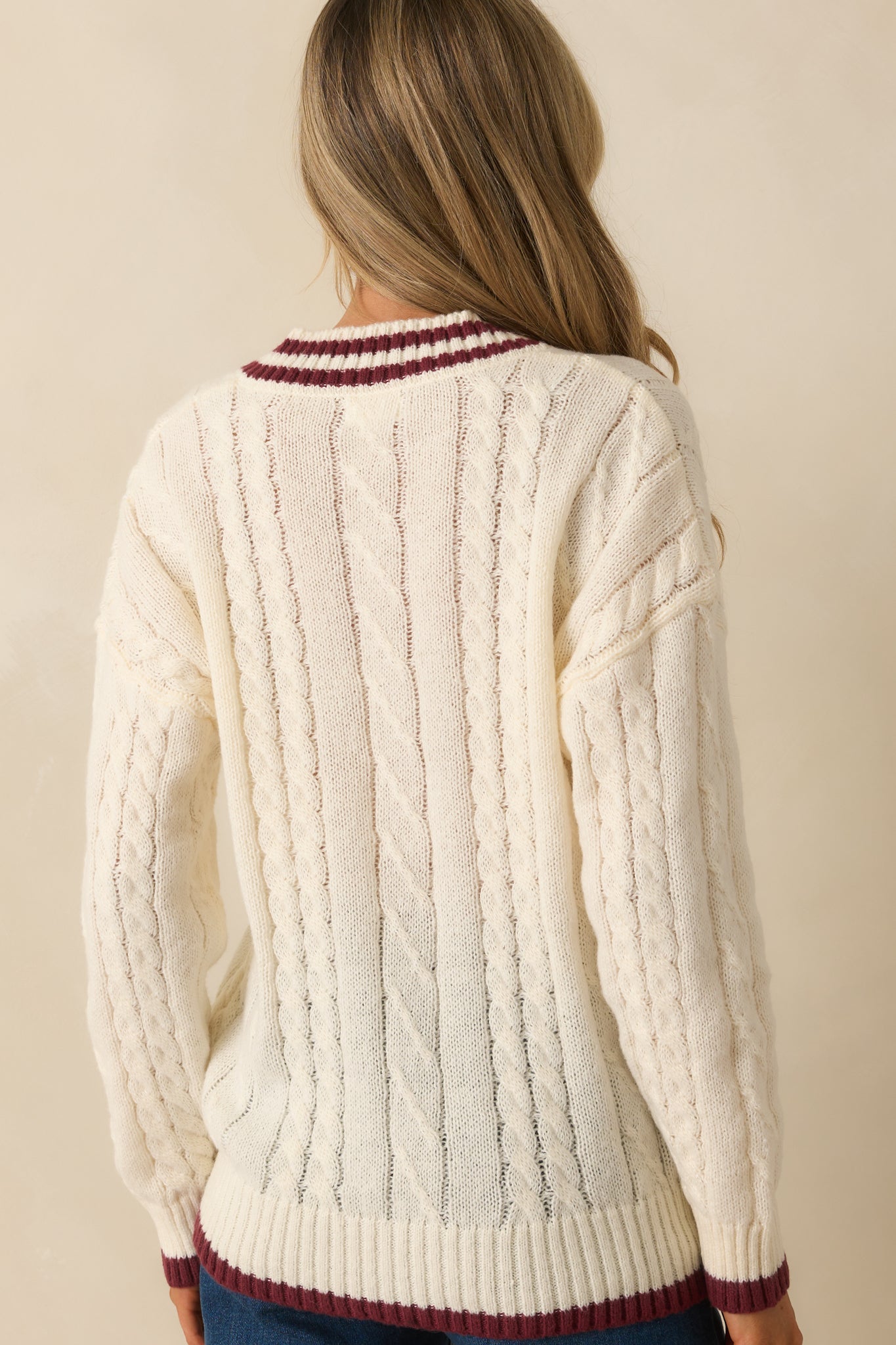 Count On Me Ivory Contrast Trim V-Neck Cable Knit Sweater