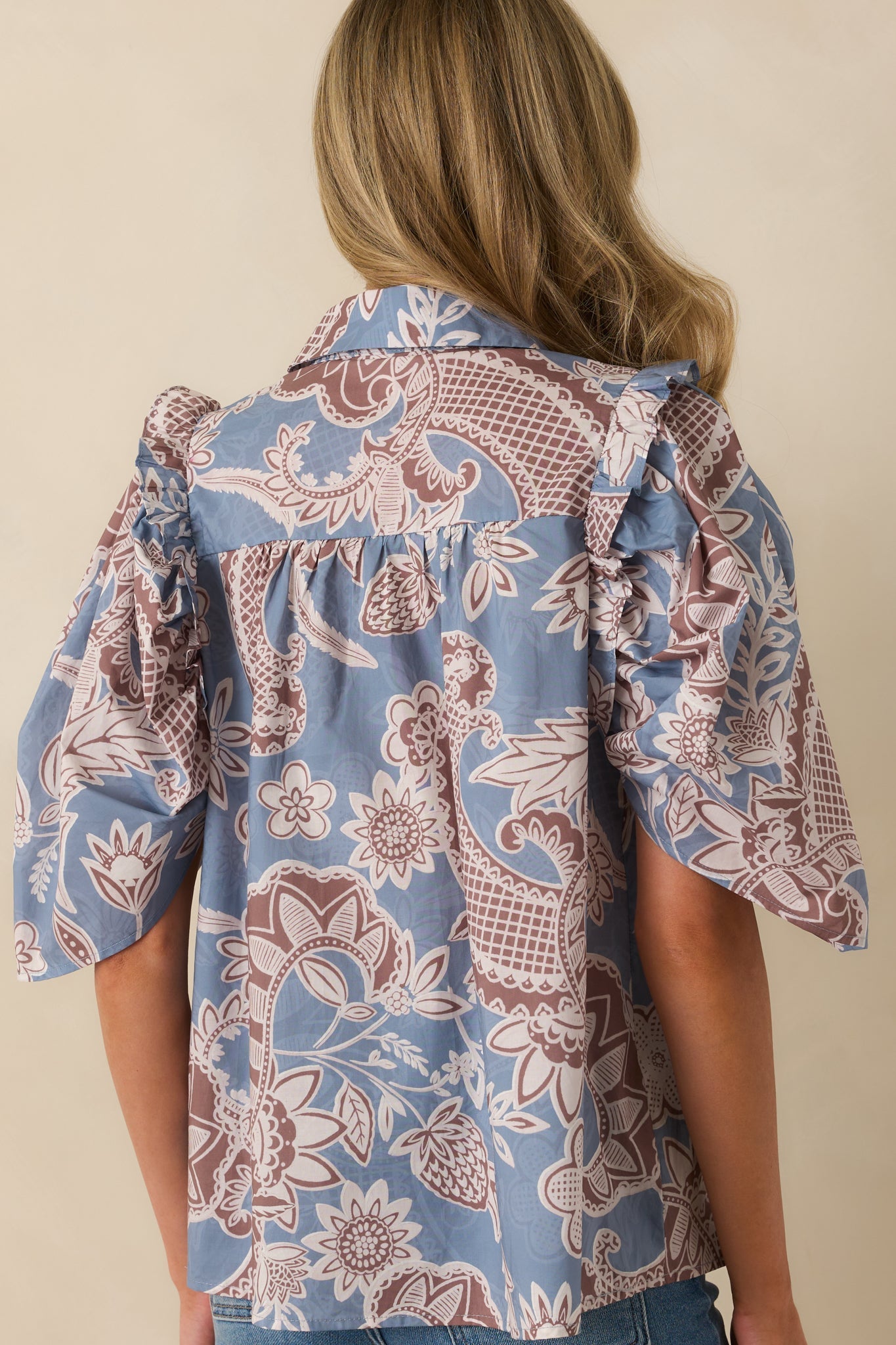 End Of Story Ash Blue Multi Paisley Floral Print Cotton Blouse