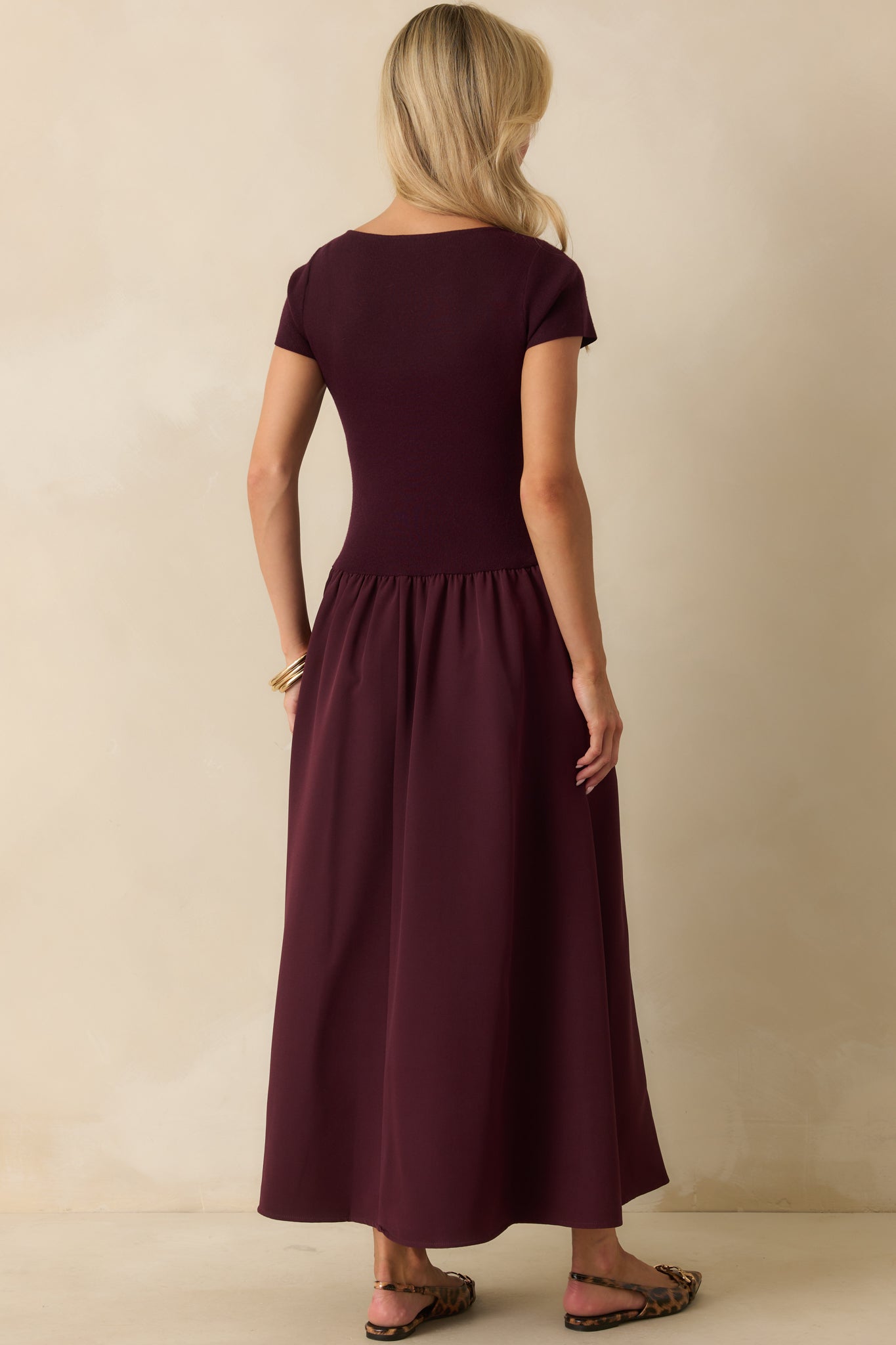 All Is Well Wine Red Ribbed Knit Bodice Short Sleeve Maxi Dress