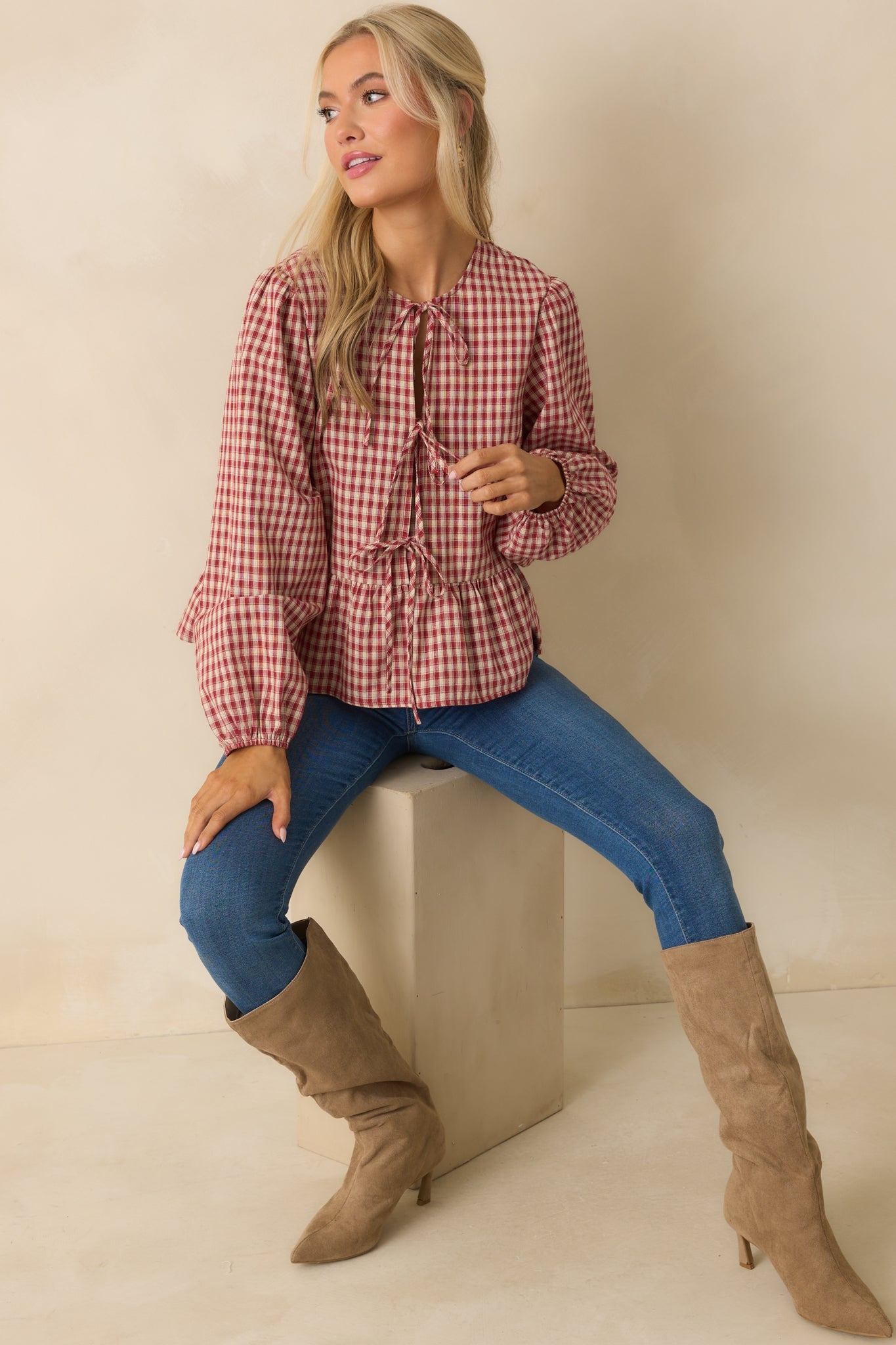 Her Own Thing Red Gingham Long Sleeve Bow Front Peplum Top