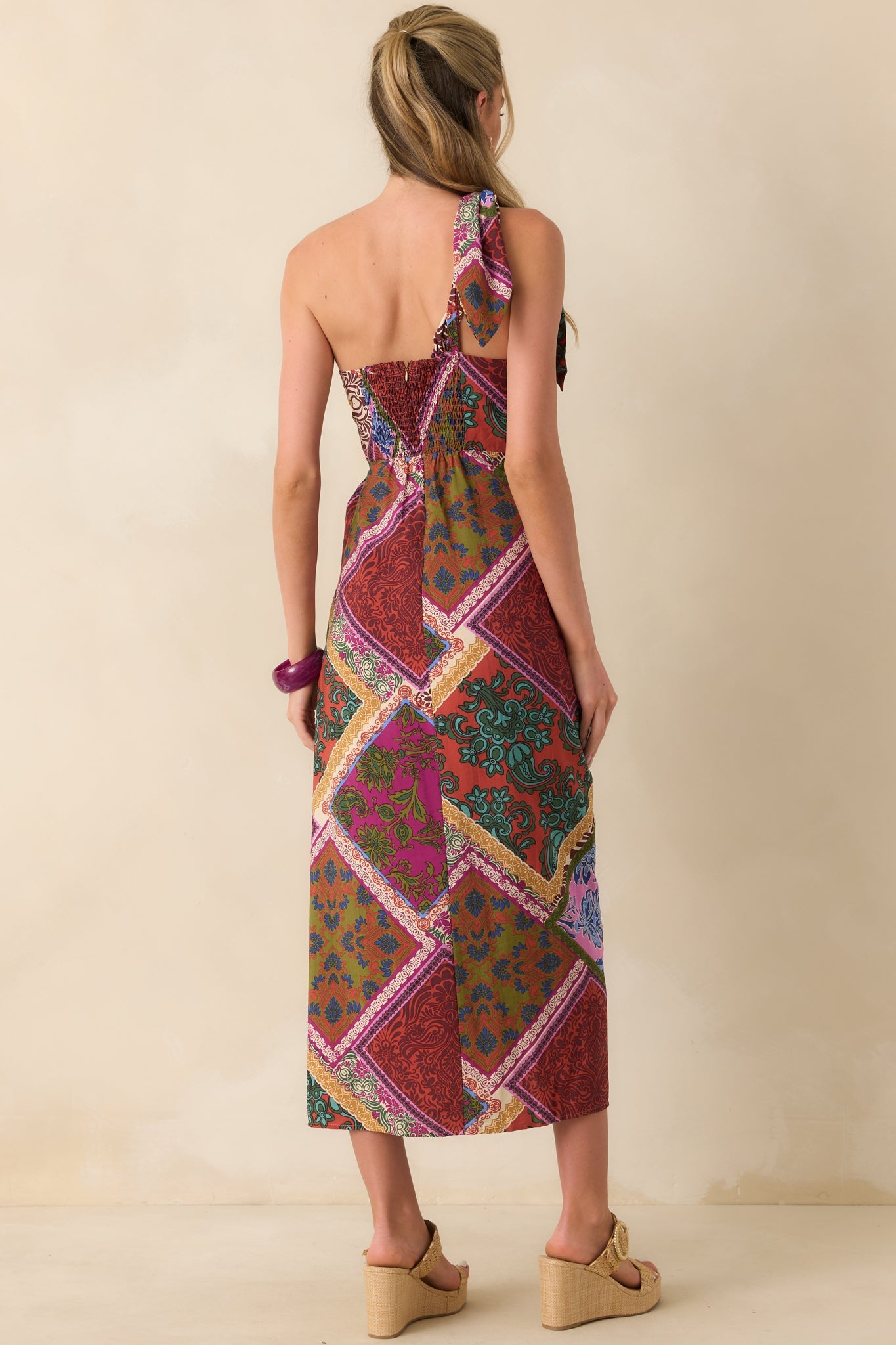 It's All Settled Red Multi Patchwork Print One Shoulder Maxi Dress