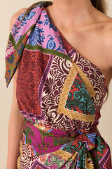 It's All Settled Red Multi Patchwork Print One Shoulder Maxi Dress