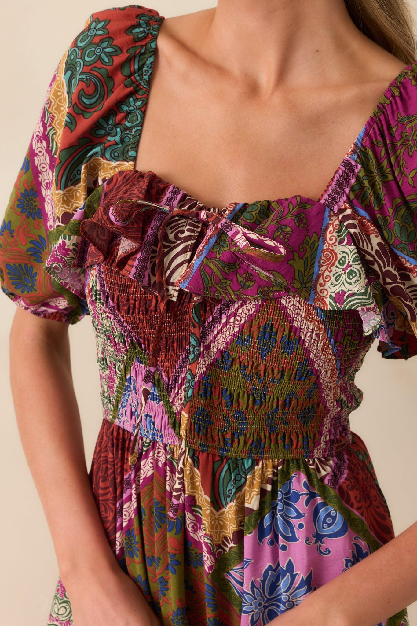 Peace That Lasts Red Multi Patchwork Print Puff Sleeve Midi Dress