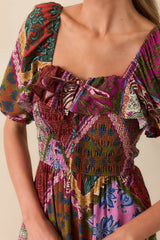 Peace That Lasts Red Multi Patchwork Print Puff Sleeve Midi Dress