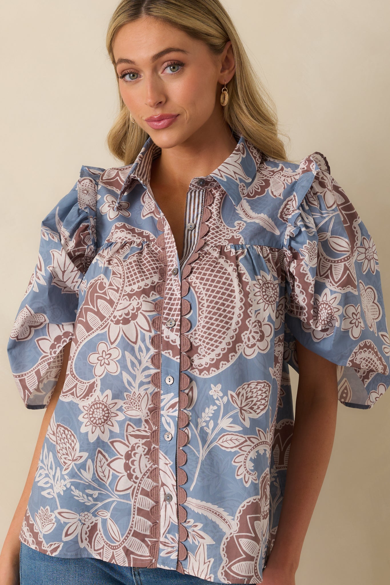 End Of Story Ash Blue Multi Paisley Floral Print Cotton Blouse