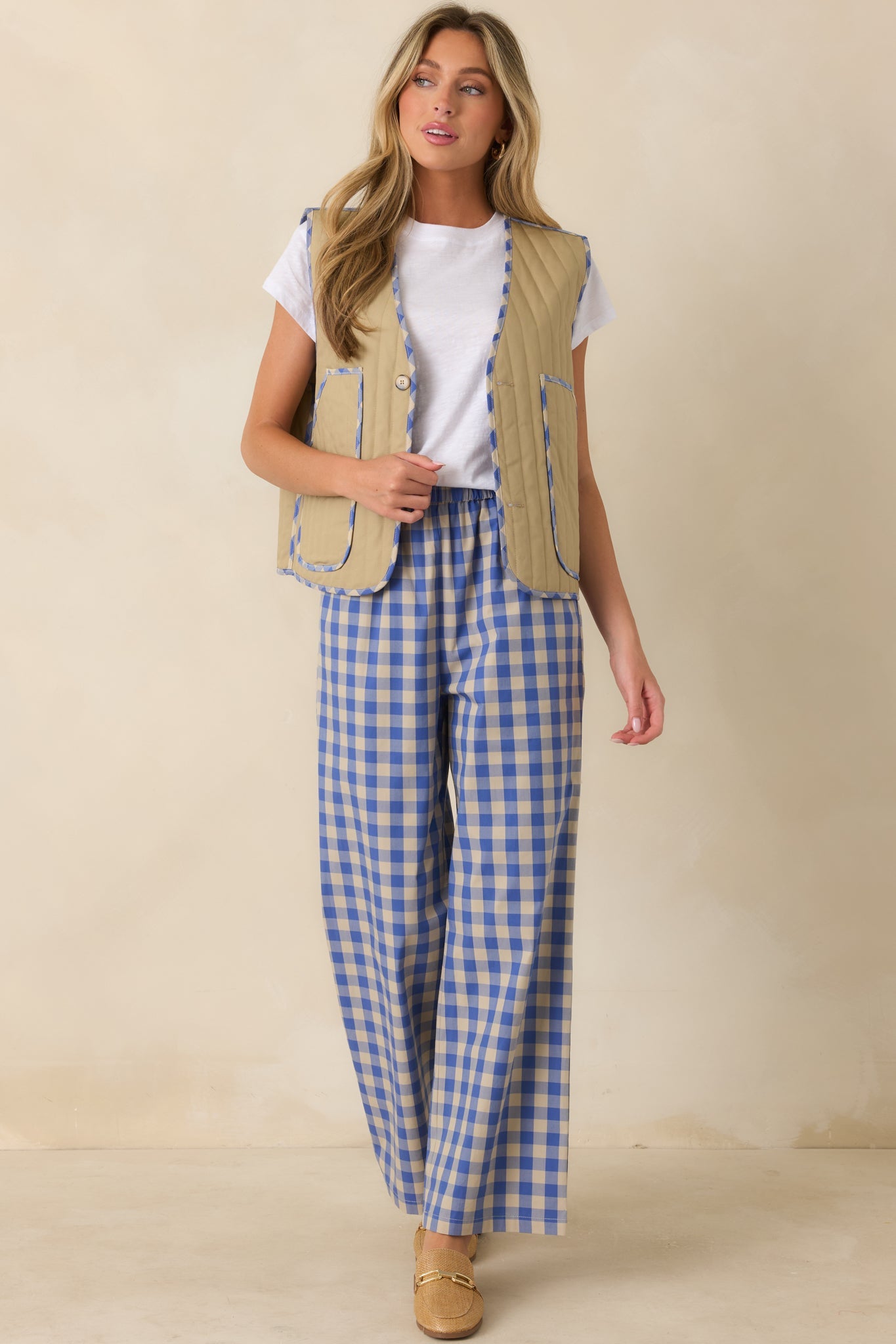 FRNCH Regalia Azure Blue Gingham Cotton Reversible Quilted Cotton Vest