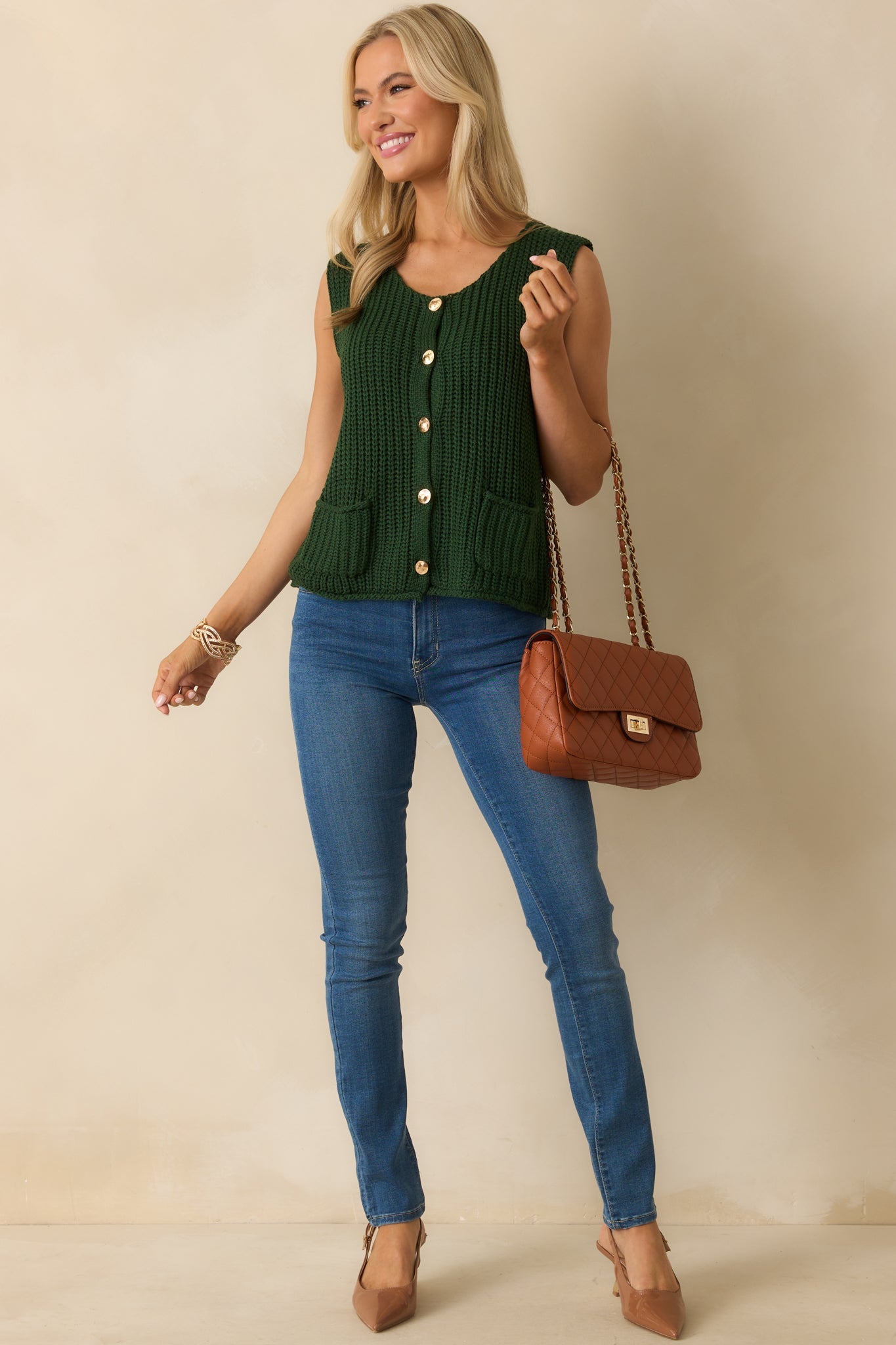 Without Hesitation Hunter Green Knit Button Front Sweater Vest