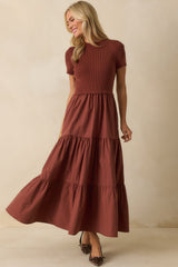 No Other Way Rust Ribbed Knit Bodice Short Sleeve Maxi Dress