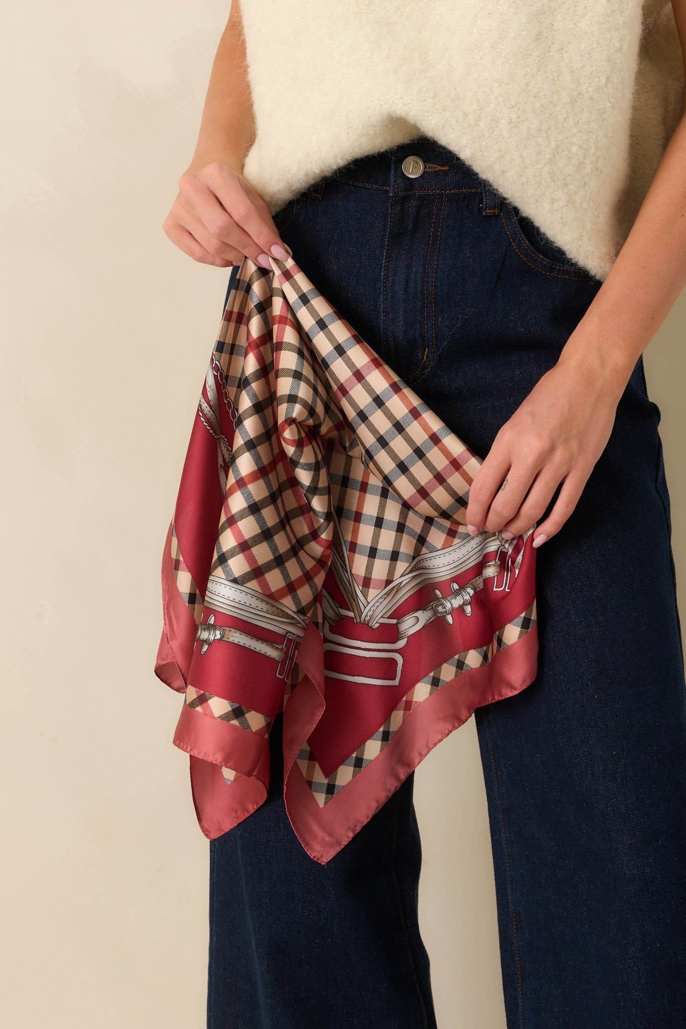 A Day Well Spent Burgundy Multi Print Plaid Satin Scarf