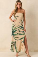 Finding The Way Beige Palm Leaf Print Strapless Chiffon Maxi Dress