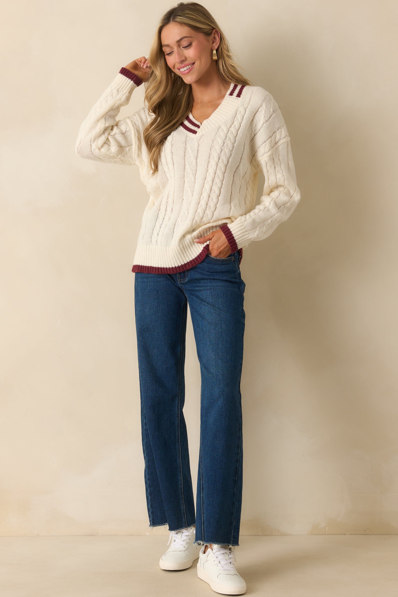 Count On Me Ivory Contrast Trim V-Neck Cable Knit Sweater