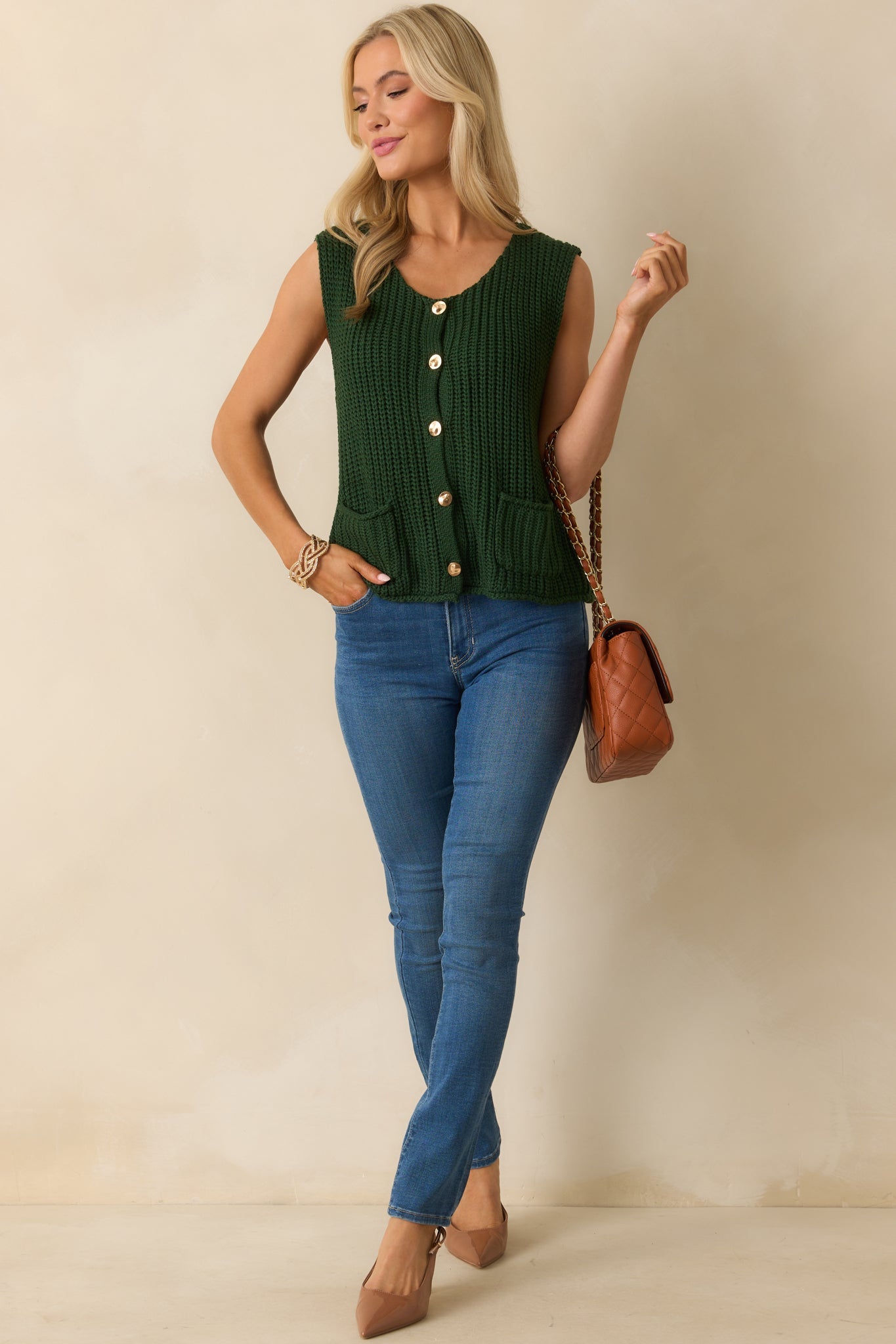 Without Hesitation Hunter Green Knit Button Front Sweater Vest