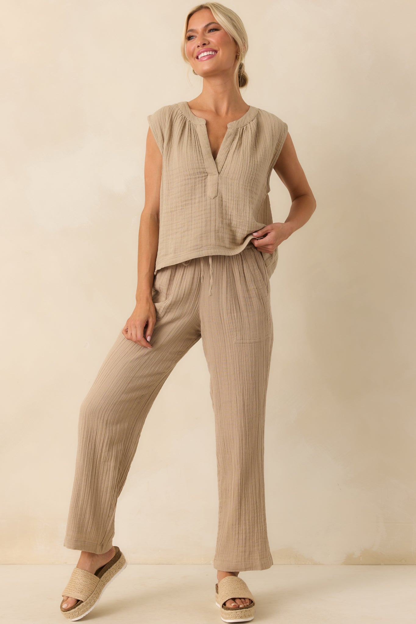 Z Supply Tan Cotton Plaza Airy Gauze Ankle Pants