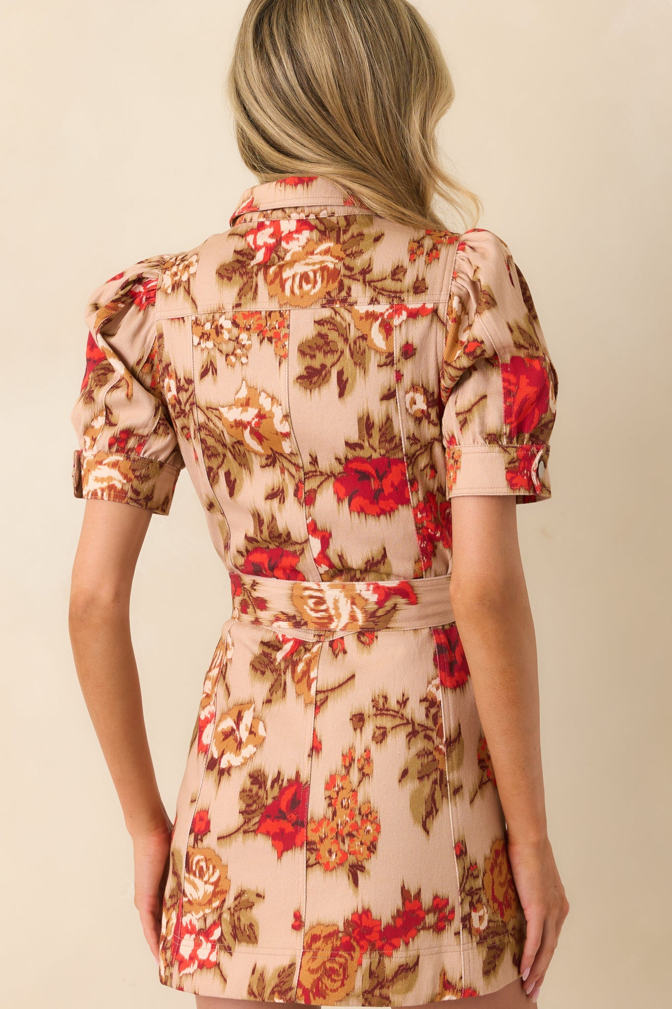 Little By Little Tan Multi Floral Print Cotton Denim Mini Dress
